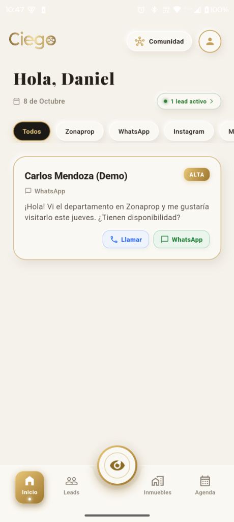 Captura de pantalla de Ciego: Inicio y consultas ordenadas por prioridad
