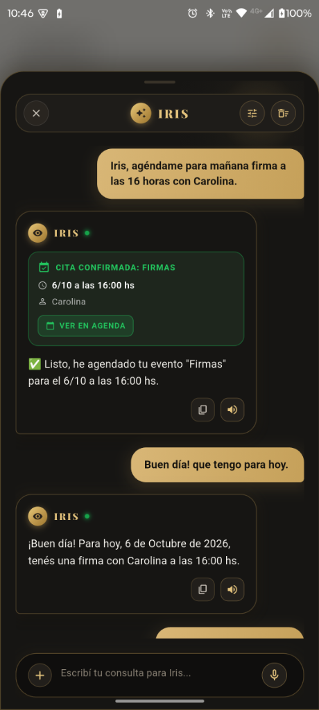 Captura de pantalla de Ciego: Asistente Iris agendando compromisos por voz