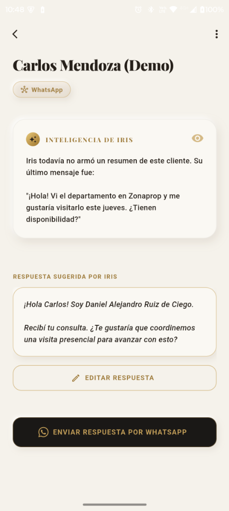 Captura de pantalla de Ciego: Inteligencia de Iris y respuesta sugerida